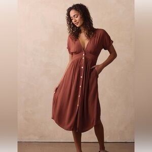 NEW The Normal Brand Deep V Button Thru Midi Dress XL Brown